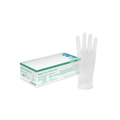 A box of B. Braun Vasco® Vinyl Powder-free disposable gloves is displayed, with a single glove standing upright next to it. The predominantly white packaging with green accents emphasizes chemical resistance, and various product details are printed on the box.
