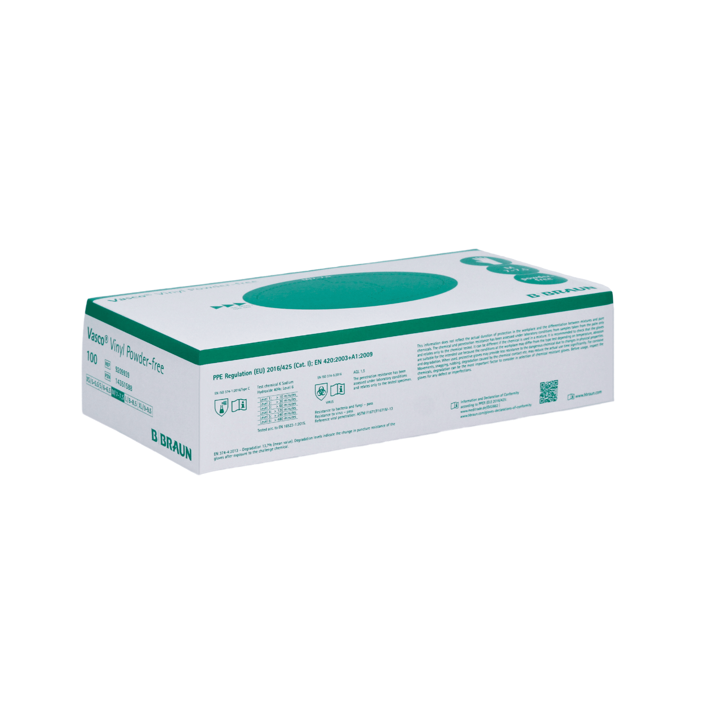 A box of B. Braun Vasco® Vinyl Powder-free disposable gloves in white and green, containing 100 latex-free disposable gloves. The packaging includes product information, regulatory compliance, and emphasizes chemical resistance for added safety.