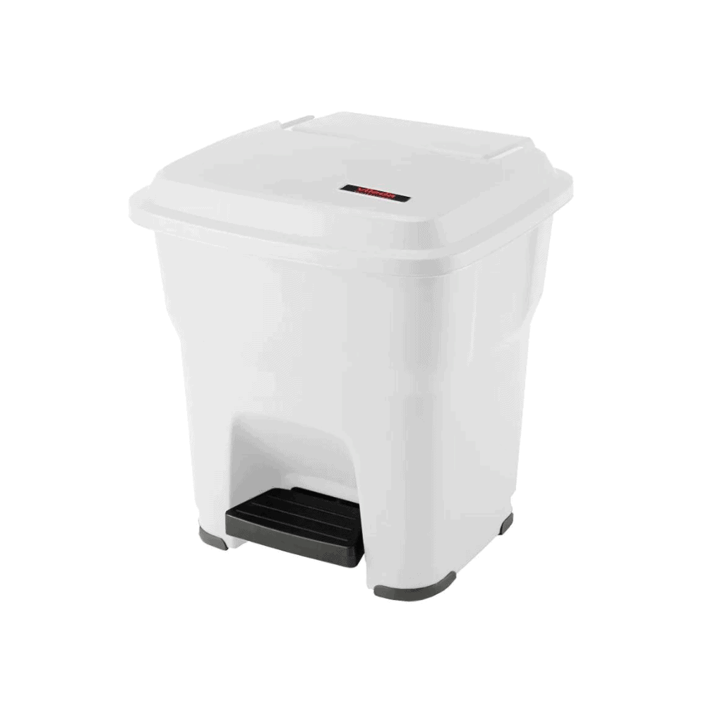 Vileda Professional Hera Abfallbehälter mit Pedal weiß Mülleimer mit Fußpedal, integriertem Müllbeutelhalter und Deckel, isoliert auf weißem Hintergrund.