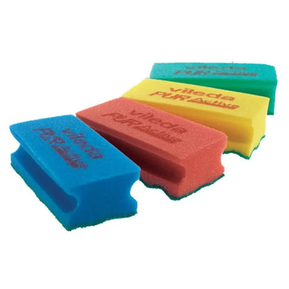 Four rectangular Vileda PUR Active SpongeProfi cleaning sponges in blue, red, yellow, and green are arranged diagonally. Each sponge features a scrubber made of durable polyurethane on one side with the print "Vileda PURActive".