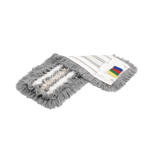 Zwei Mikrofaser-Wischpads aus dem Vileda SprayPro Edelstahl Bodenreinigungssystem Set | Packung (1 Stück) auf weißem Hintergrund, eines schmutzig und gebraucht, das andere sauber und neu.