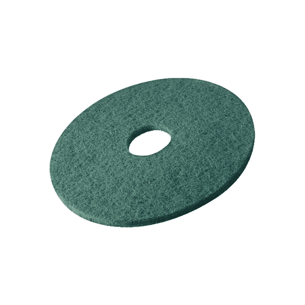 Eine grüne, runde Vileda Superpad Bodenscheibe mit einem Loch in der Mitte, isoliert auf weißem Hintergrund.