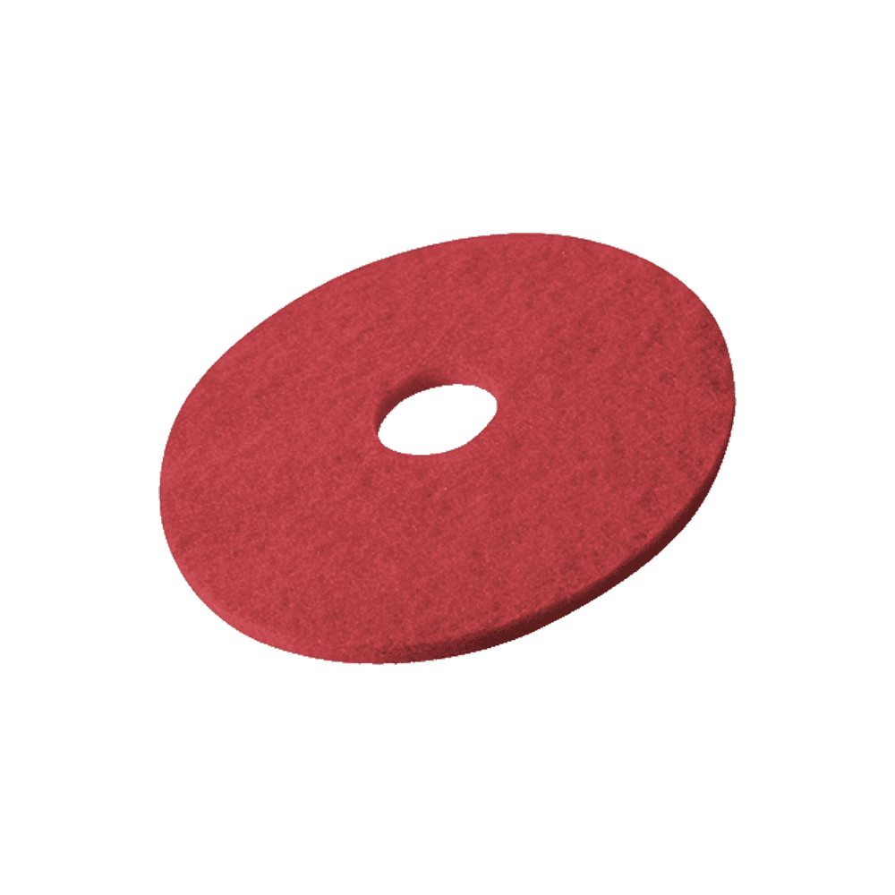 Eine rote, runde Vileda Superpad Bodenscheibe – Ø 410 mm mit einem Loch in der Mitte, konzipiert für den Einsatz auf Bodenpoliermaschinen, isoliert auf weißem Hintergrund.