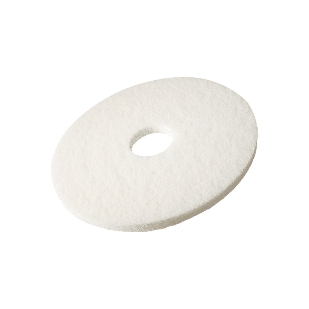 Dieses Bild zeigt einen schlichten weißen Vileda Superpad Bodenscheiben - Ø 410 mm - Schwamm mit einem Loch in der Mitte, wie er häufig in der Kosmetik- oder Hautpflege verwendet wird, isoliert auf einem weißen Hintergrund.