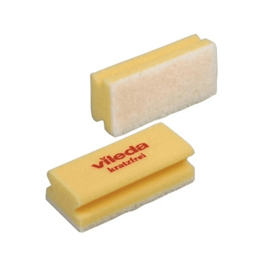 Zwei gelbe Vileda Professional Kratzfrei Schwamm - 10 Stück Reinigungsschwämme; einer steht aufrecht und der andere liegt vorne mit sichtbarem Markennamen. Die Schwämme haben eine abrasive weiße Oberfläche.