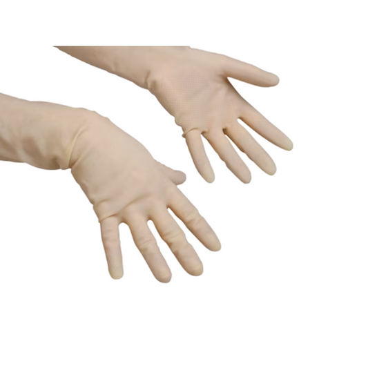 Zwei Vileda-Prothesenhände mit detaillierten Fingern, Handflächen nach oben vor einem weißen Hintergrund, jeweils mit einem Naturlatex-Handschuh bedeckt.