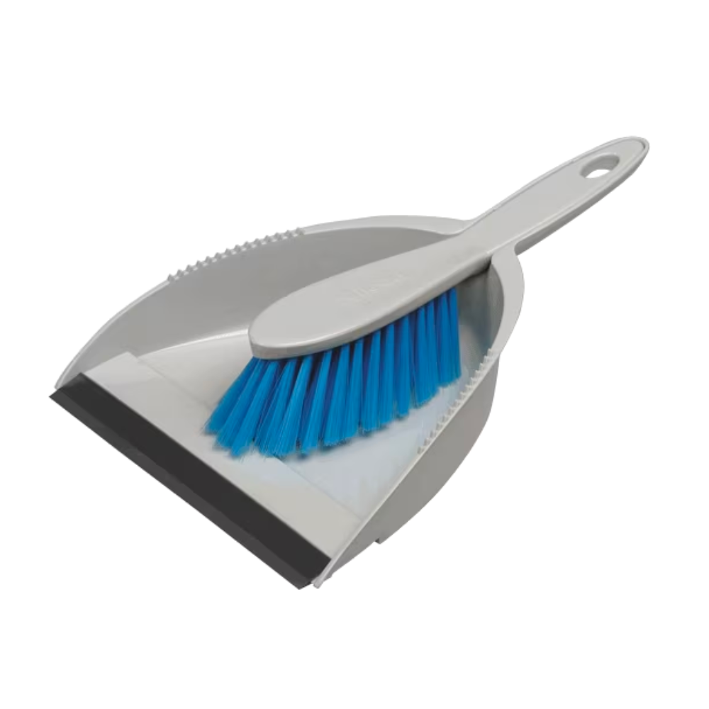 The Vileda Professional hand brush set from Vileda GmbH features a gray dustpan with blue PET bristles and a rubber lip for effective dirt collection, a brush resting on the dustpan, and a handle with a hole for easy hanging.