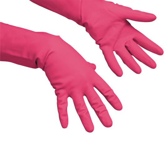 Ein Paar Vileda Professional Multipurpose - Der Feine Allzweckhandschuh in Rot in leuchtendem Rosa mit strukturierter Oberfläche, isoliert auf weißem Hintergrund. Die Handschuhe sind in einer gespreizten Handposition abgebildet, was ihre Flexibilität und ihr Griffdesign betont.
