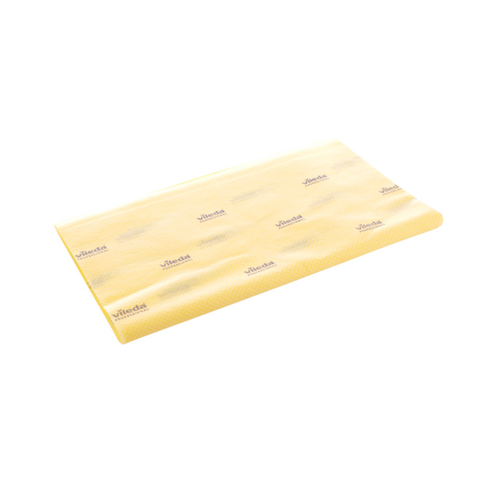 Ein gelbes Geschirrtuch, auf dessen Oberfläche sich das Logo „Vileda Professional Staubbindetuch 101 High Performance“ wiederholt, abgebildet auf einem schlichten weißen Hintergrund. Das Tuch ist leicht strukturiert und liegt flach.