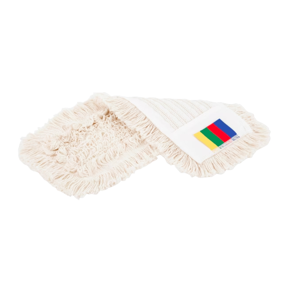 The Vileda Professional CombiSpeed Tuftmop from Vileda GmbH is a white rectangular cloth mop with fringe edges and a square patch with blue, yellow, red, and green stripes, designed for improved cleaning on hard floors.