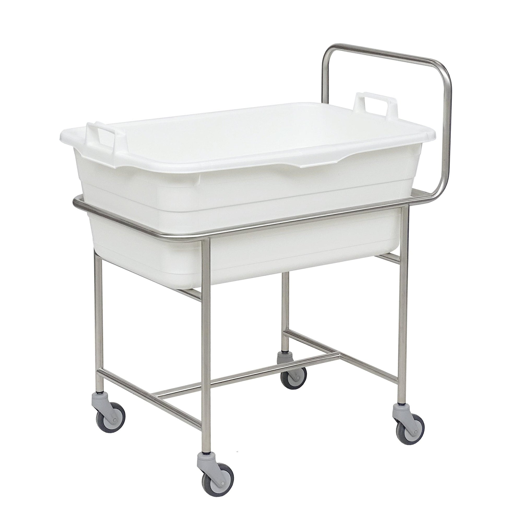 Das Novocal Edelstahl-Fahrgestell mit Schiebebügel verfügt über vier Ø 75 mm Leichtlauflenkrollen und hält eine weiße Kunststoffwanne mit Griffen.
