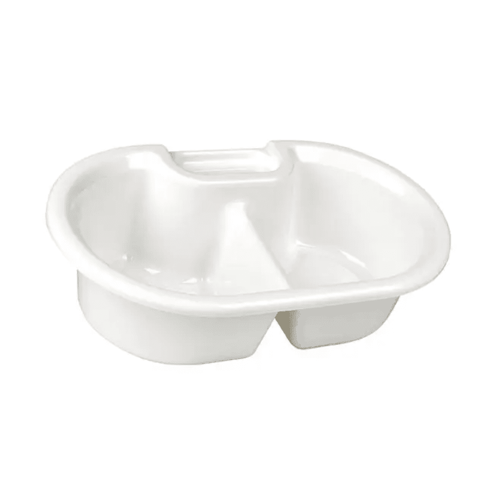 Die Waschschüssel mit Seifenablage der Servoprax GmbH mit den Maßen 40 x 25 x 11 cm ist eine weiße Doppelspülschüssel aus Kunststoff mit einem zentralen Griff, ideal zum Waschen oder Ordnen mit dem zusätzlichen Komfort einer Seifenablage.
