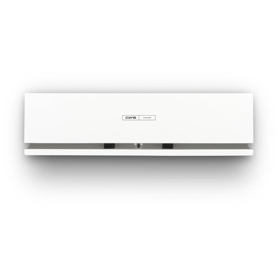 Das CWS Frontpanel für Duftspender Air Bar ist ein schlichtes, weißes, rechteckiges Wandpanel mit einem kleinen CWS-Logo in der Mitte und einem sichtbaren Luftauslass im unteren Bereich, das modernes Design widerspiegelt.