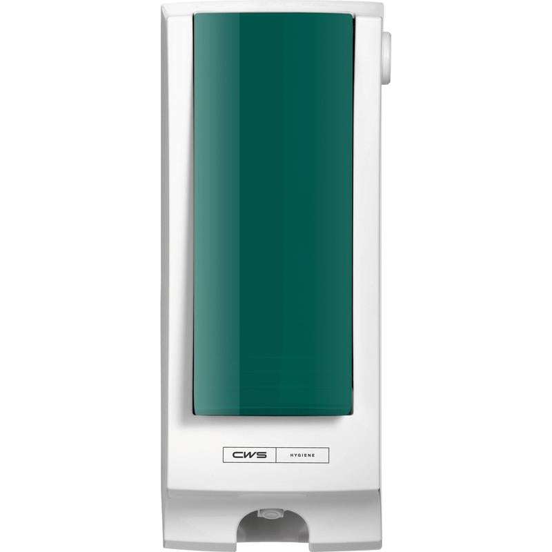 CWS front panel for wall-mounted toilet seat cleaner dispenser SeatCleaner with a green front, white frame, dispensing area at the bottom, and "CWS Hygiene" label.
