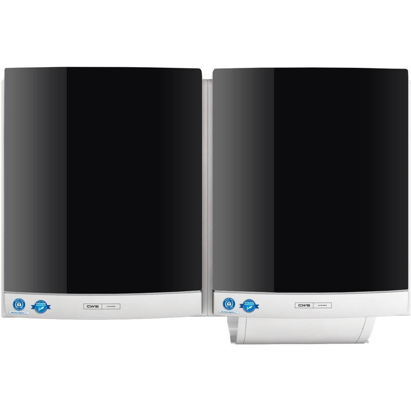 Two black-and-silver CWS front panels for the CWS DUO cloth towel dispenser are mounted side by side on the wall, and each bears a blue certification sticker in the lower left corner to ensure hygienic use.
