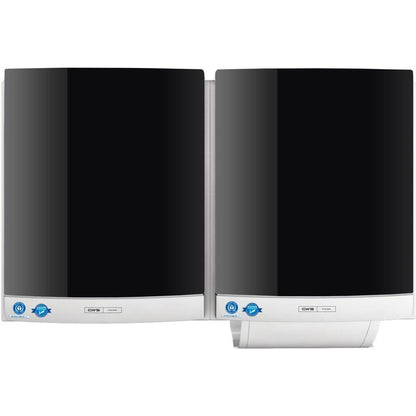 Two black-and-silver CWS front panels for the CWS DUO cloth towel dispenser are mounted side by side on the wall, and each bears a blue certification sticker in the lower left corner to ensure hygienic use.