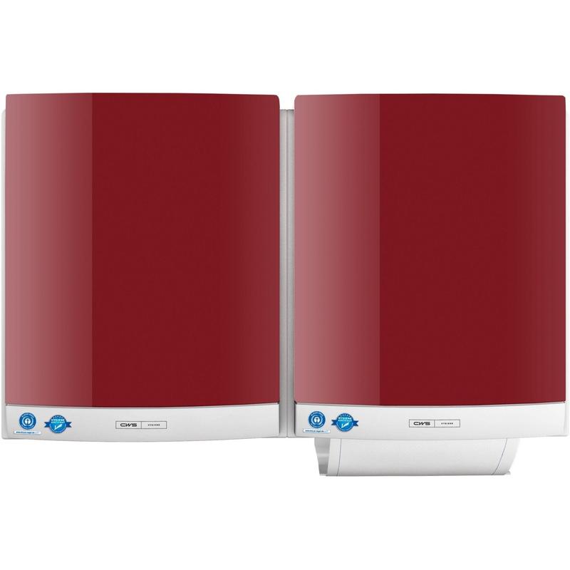 Two red CWS front panels for the DUO cloth towel dispenser, with silver bases and blue certification stickers, are mounted side by side on the wall. One front panel shows a partially dispensed towel to facilitate easy towel removal.