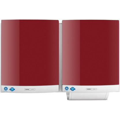Two red CWS front panels for the DUO cloth towel dispenser, with silver bases and blue certification stickers, are mounted side by side on the wall. One front panel shows a partially dispensed towel to facilitate easy towel removal.