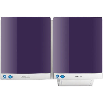 Two CWS front panels for the DUO cloth towel dispenser, mounted side by side on the wall, feature glossy purple fronts, white bases, and blue certification labels in the lower left corners for easy towel dispensing.