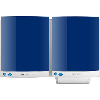 A pair of CWS front panels for the CWS DUO cloth towel dispenser, wall-mounted in blue and white, with visible control panels and certification stickers, designed for hygienic use.