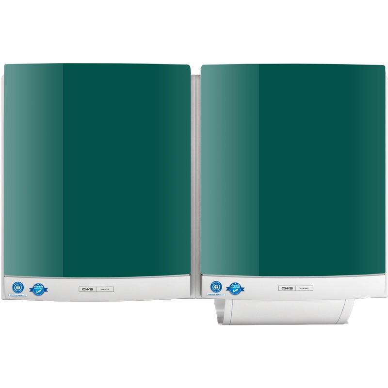 Two CWS front panels for the DUO cloth towel dispenser, in green and white, are mounted side by side on the wall, with a towel roll protruding from the bottom of one of them for easy removal.
