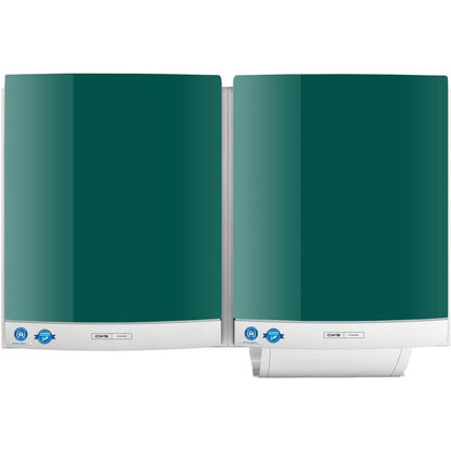 Two CWS front panels for the DUO cloth towel dispenser, in green and white, are mounted side by side on the wall, with a towel roll protruding from the bottom of one of them for easy removal.