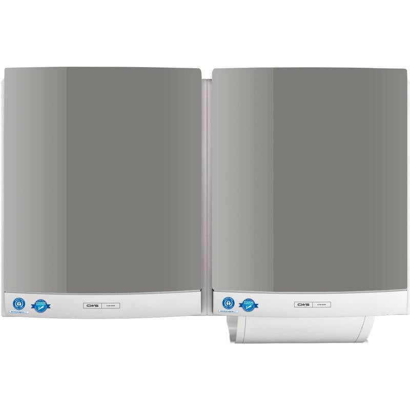Two wall-mounted CWS front panels for DUO cloth towel dispensers, featuring high-gloss gray fronts and white bases, are positioned side by side. Each is equipped with a blue, round sticker and control buttons for easy towel dispensing.