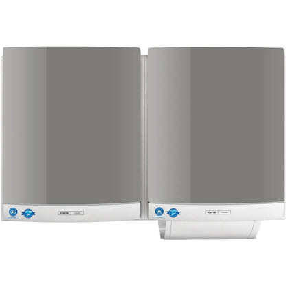 Two wall-mounted CWS front panels for DUO cloth towel dispensers, featuring high-gloss gray fronts and white bases, are positioned side by side. Each is equipped with a blue, round sticker and control buttons for easy towel dispensing.