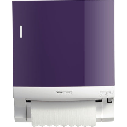 The CWS front panel for Paperroll paper towel dispensers from CWS features a purple front panel, a visible white paper towel roll, and a wall-mounted design - perfect for stylish washroom optimization.