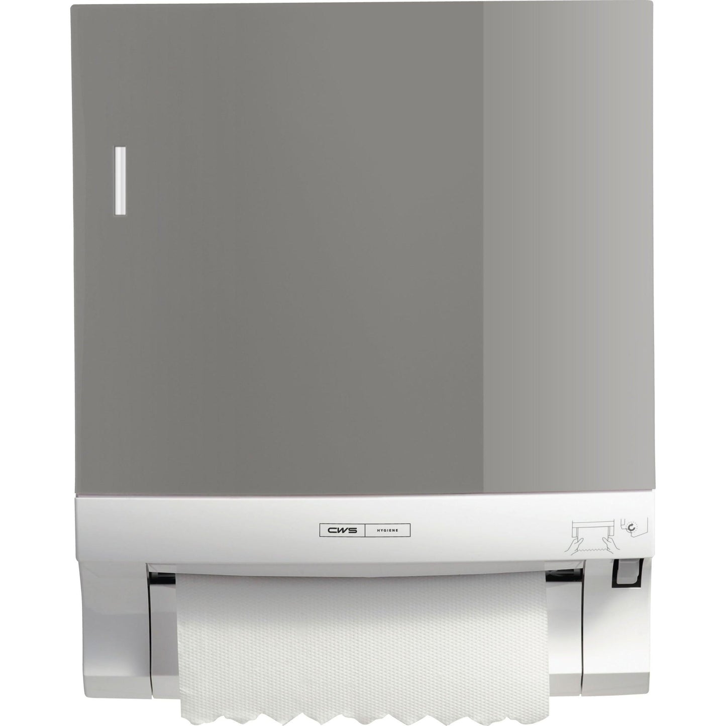 The wall-mounted CWS front panel for Paperroll paper towel dispensers from CWS shows a partially pulled-out sheet and an instruction symbol, making it ideal for efficient washroom optimization.