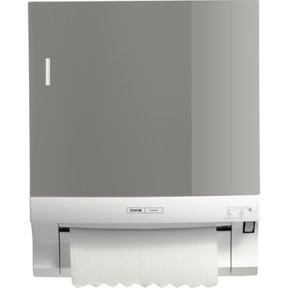 The wall-mounted CWS front panel for Paperroll paper towel dispensers from CWS shows a partially pulled-out sheet and an instruction symbol, making it ideal for efficient washroom optimization.
