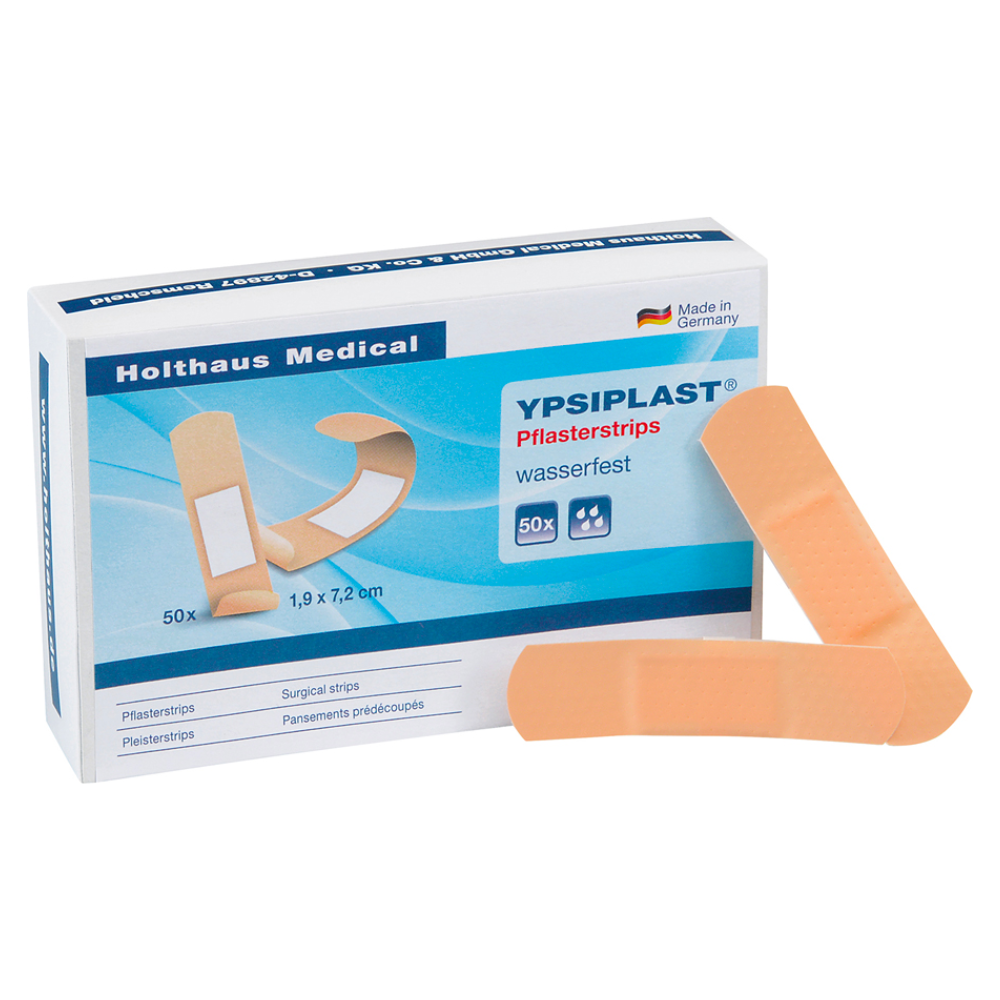 Displayed is a box of YPSIPLASR® plaster strips, water-repellent, 50 pieces | Package (1 piece) by Holthaus Medical GmbH & Co. KG. The predominantly blue-white box, labeled with product details such as "50x" and the dimensions "1.9 x 7.2 cm", also shows an illustration of the plasters. Perfect for effective wound care, the box includes two elastic plasters.