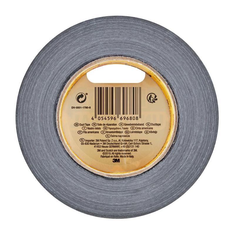 Eine Rolle Scotch® Universal Klebeband 2904 von 3M Deutschland GmbH, 50 m x 48 mm, in der Draufsicht mit kreisrunder Form, innerem Pappkern mit Barcode und Produktinformation auf dem Etikett.