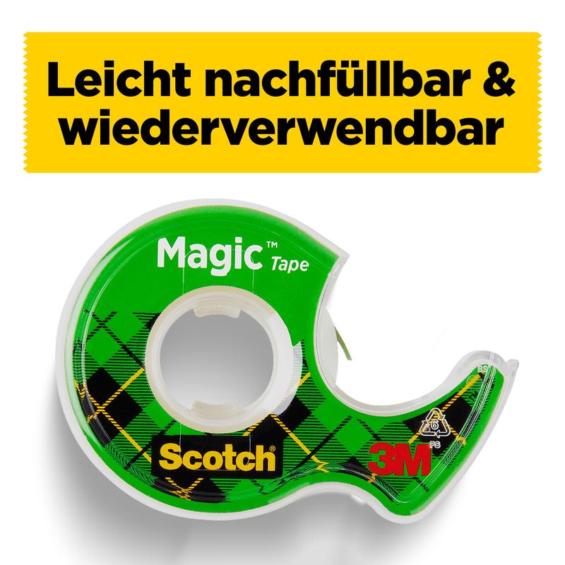 A green 3M Scotch® Magic™ Invisible Tape refill pack (1 roll, 19 mm x 25 m) with a black and yellow checkered pattern. Above it is a yellow banner with the text "Easy to Refill & Reusable" in bold black letters.
