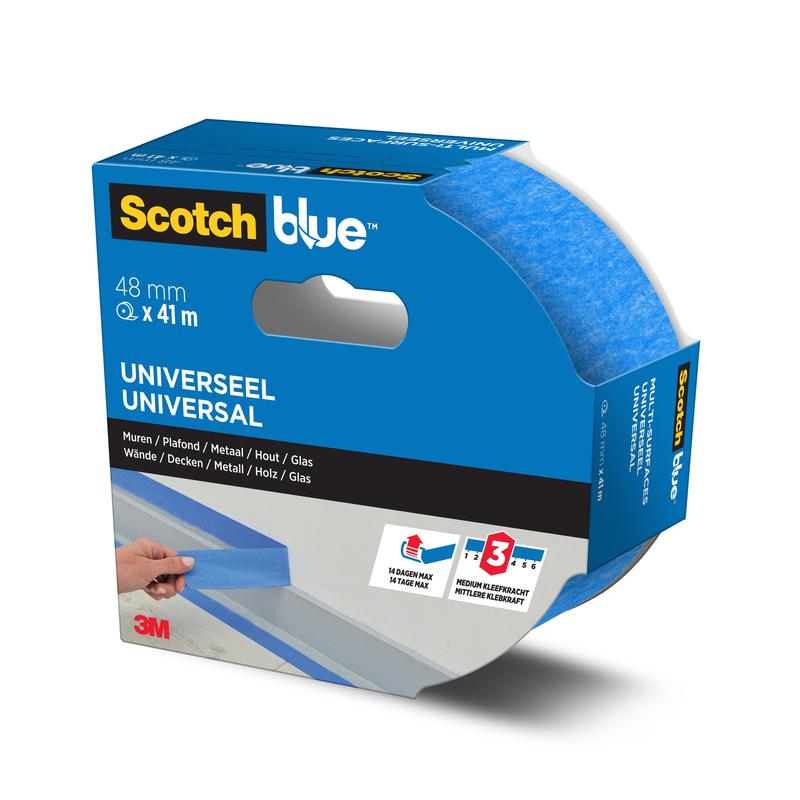 Eine Rolle ScotchBlue™ Malerabdeckband "Multi-Surface" der 3M Deutschland GmbH in blau, 48 mm x 41 m, wird in einer blau-weißen Markenschachtel mit mehrsprachiger Beschriftung und einem Ausschnitt, der das Band zeigt, geliefert.