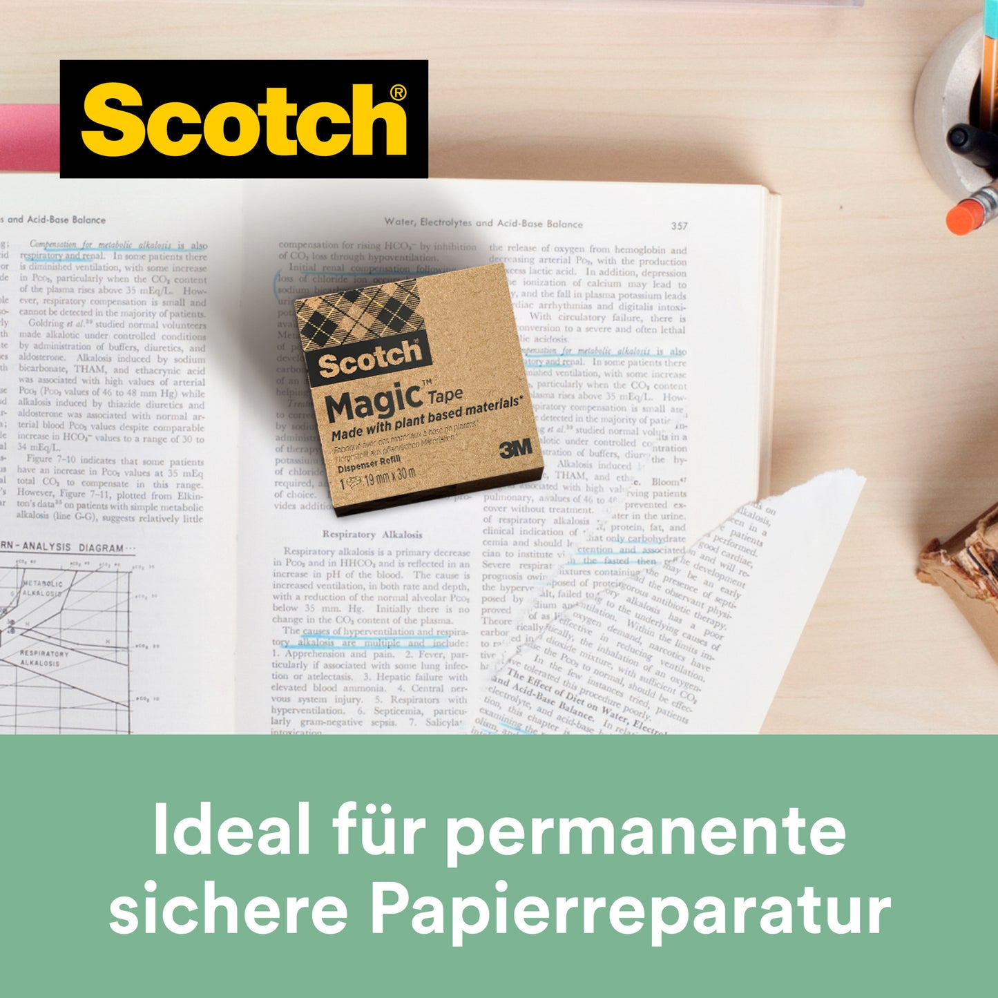 Eine Packung Scotch® Magic™ Klebeband von 3M Deutschland GmbH (9 Rollen, 19 mm x 33 m, mit 66 % pflanzlichem Klebstoff) liegt auf einem offenen Buch - ideal für permanente Papierreparatur und nachhaltige Büroorganisation.