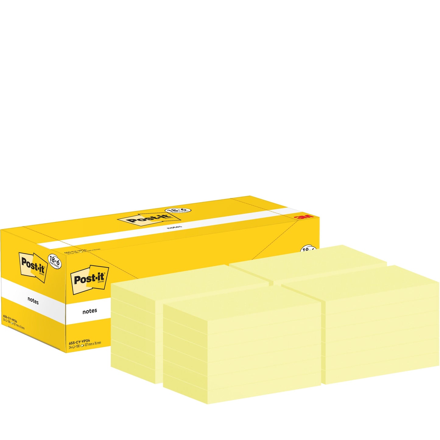 Eine gelbe Schachtel mit Post-it® Notizzetteln (76 mm x 127 mm, 100 Blatt/Block, 18 Blöcke + 6 frei) der 3M Deutschland GmbH ist mit ordentlich gestapelten gelben Notizzettelblöcken abgebildet; auf der Verpackung sind das Post-it-Logo und Produktangaben zu sehen.