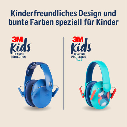 Abgebildet sind zwei 3M™ Gehörschutz für Kinder: links in blau, rechts in türkis (PKIDSP-TEAL-E, 87-98 dB). Der Text hebt das kindgerechte Design und die bunten Optionen der 3M Deutschland GmbH für optimalen Gehörschutz hervor.