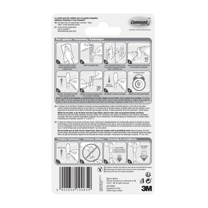 Rückseite einer Command™ Bad Handtuchhaken-Verpackung der 3M Deutschland GmbH, mit bebilderter Anwendungs- und Entfernungsanleitung, Sicherheitshinweisen und Produktangaben in mehreren Sprachen. 3M Logo und Barcode sind unten abgebildet.