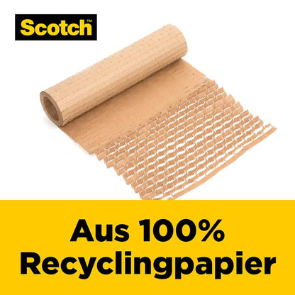 Eine teilweise ausgerollte Scotch™ Cushion Lock™ Schutzverpackung (30,4 cm x 9,14 m, 1 Rolle) der 3M Deutschland GmbH ist auf weißem Hintergrund mit "Aus 100% Recyclingpapier" für empfindliche Gegenstände auf einem gelben Etikett abgebildet.