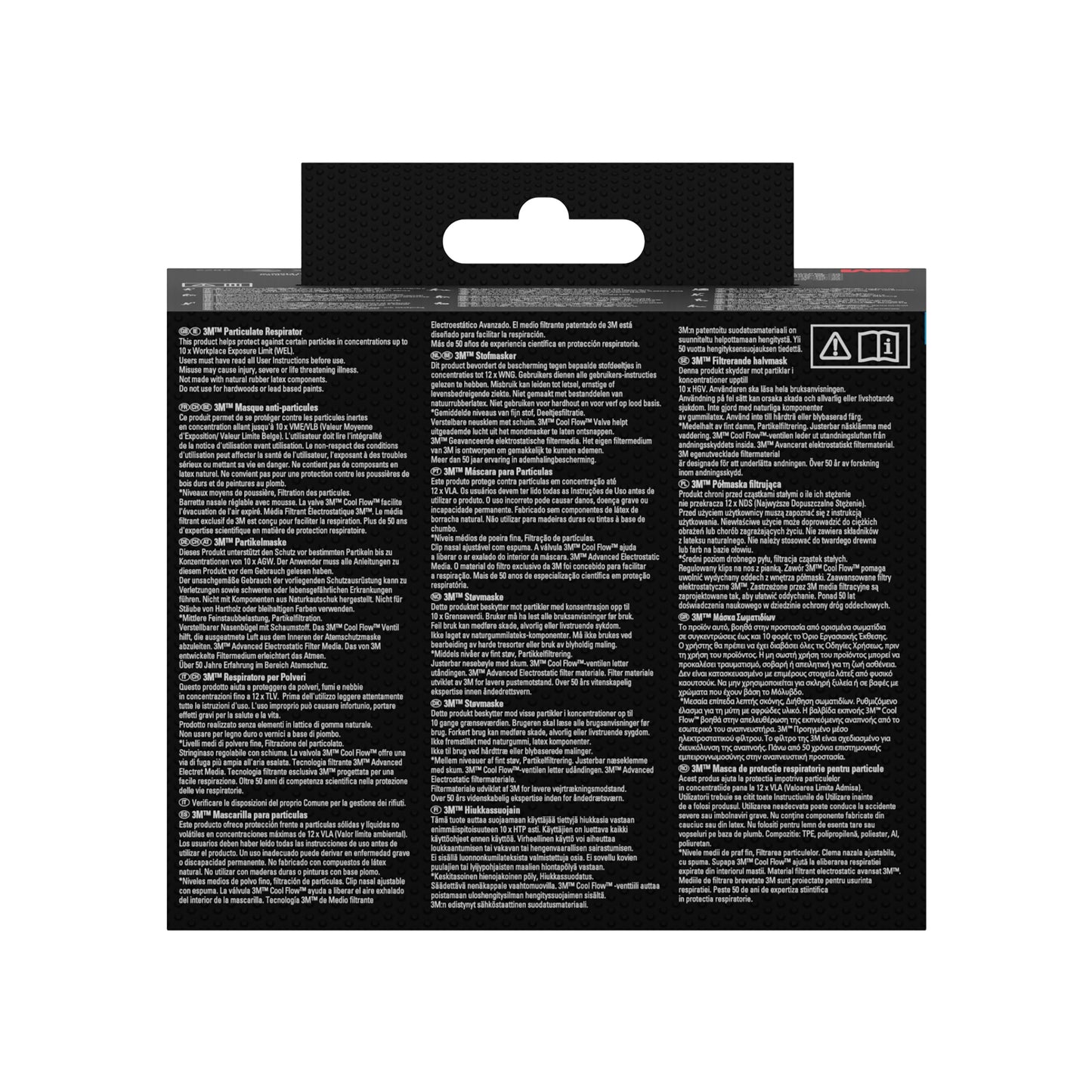 Die Rückseite der 3M™ Cool Flow™ Partikelmaske 8812, FFP1, mit Ventil (3er-Pack) von 3M Deutschland GmbH zeigt mehrsprachige Anleitungen und Warnhinweise in Weiß auf Schwarz, mit zwei Symbolen oben rechts.