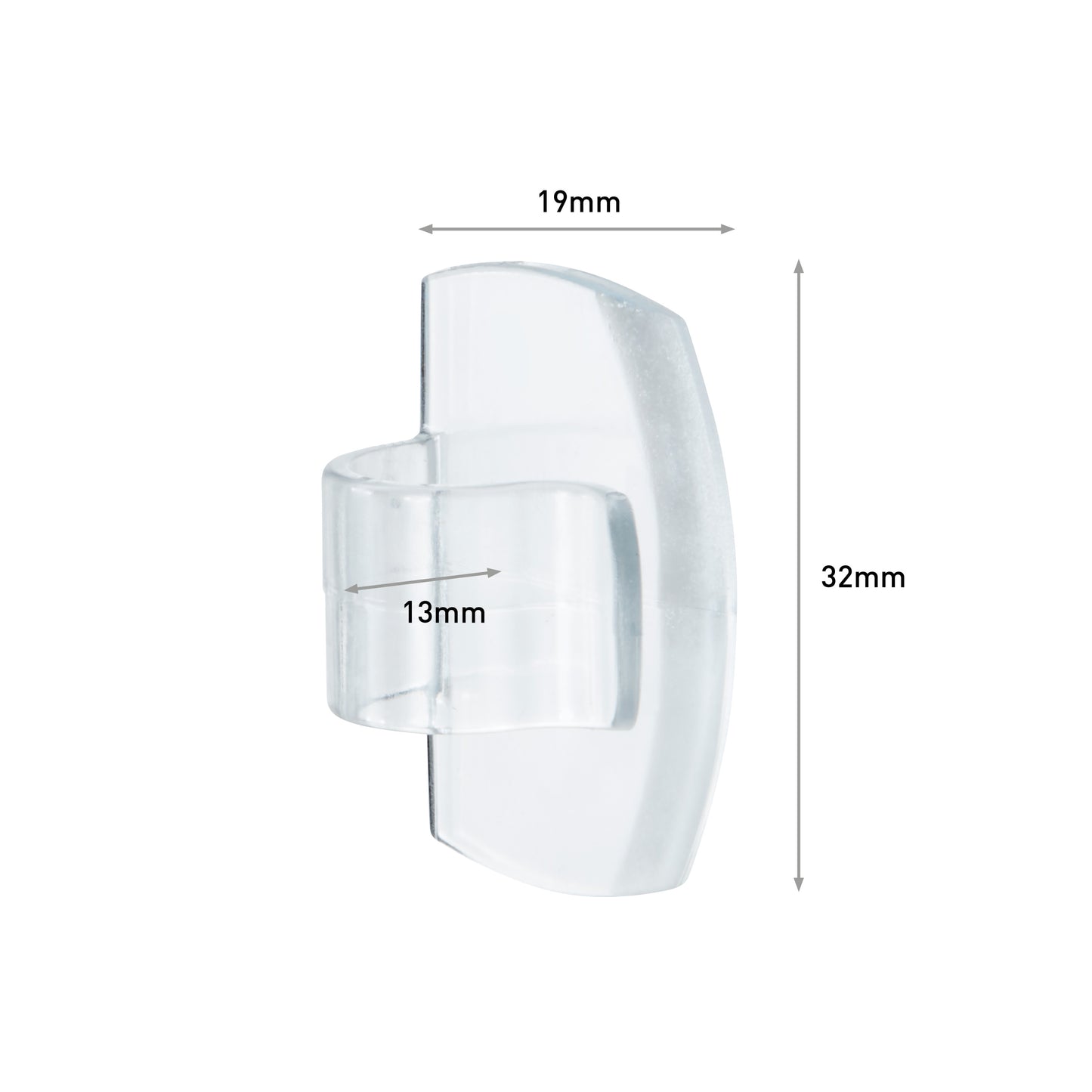 Command™ transparente Clips für runde Kabel, 17017CLR (4 Clips + 5 Streifen) von 3M Deutschland GmbH: Transparente Kabelclips, Maße: 19mm breit, 32mm hoch, 13mm tief. Perfekt zur Kabelbefestigung auf weißem Hintergrund abgebildet.