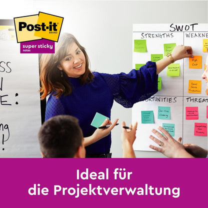 Eine Frau in blauer Bluse führt eine Diskussion und zeigt auf ein SWOT-Diagramm mit bunten Post-it® Super Sticky Notes (76 mm x 127 mm, 90 Blatt/Block, 100% PEFC) von 3M Deutschland GmbH. Logo in der Ecke. Text: "Ideal für die Projektverwaltung.