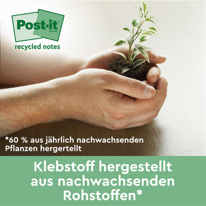 Ein Paar Hände hält einen Setzling mit Erde. Deutscher Text wirbt für Post-it® Super Sticky 100 % Recycling Notes (47,6 x 47,6 mm, 70 Blatt/Block, 100% PEFC) von 3M Deutschland GmbH. Im Hintergrund ist ein grüner Tisch zu sehen.
