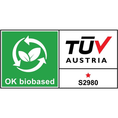 Auf dem Scotch™ Clip & Twist Klebeband-Abroller C19 der 3M Deutschland GmbH ist neben dem TÜV AUSTRIA-Zeichen und dem Code "S2980" unter einem roten Stern ein grün-weißes "OK biobased"-Logo mit einem Blatt und Recycling-Pfeilen zu sehen.