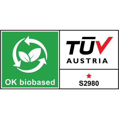 Das "OK biobased"-Label zeigt grüne Blätter, kreisförmige Pfeile und einen TÜV AUSTRIA-Abschnitt mit rotem Stern und Code S2980 - ideal für umweltfreundliche Produkte wie den 3M Deutschland GmbH Scotch™ Tischabroller im Katzen Design C39 + Magic™ Klebeband.