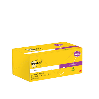Eine gelbe Packung 3M Post-it® Notes (76x76mm, 14 Blöcke, je 100 Blatt) plus 4 kostenlose Super Sticky Notes Blöcke (je 90 Blatt). Die Verpackung hebt die Werbeaktion hervor und zeigt das Post-it® Logo. 100% PEFC-zertifiziert.
