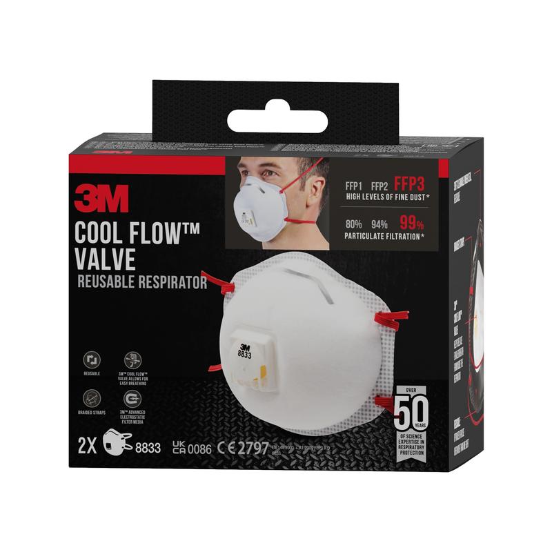 A box of 3M™ Cool Flow™ Particulate Respirator 8833, FFP3, with valve (2-pack) from 3M Deutschland GmbH. Shows the mask and a user; protects with FFP1, FFP2 & FFP3 filtration for up to 50 uses per mask.