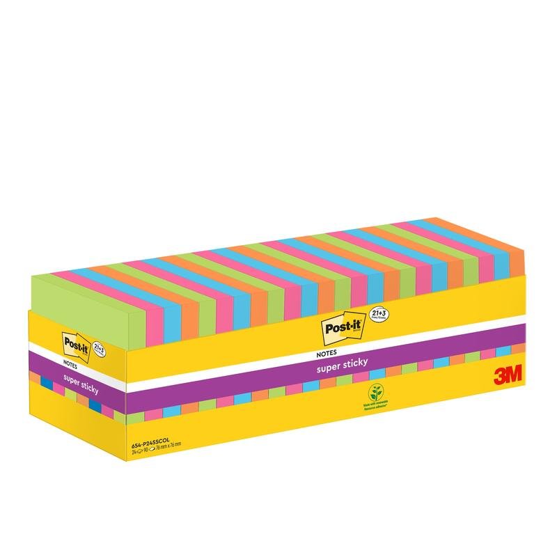 A rectangular yellow box with Post-it® Super Sticky Notes (76 mm x 76 mm, 90 sheets/pad, 100% PEFC) from 3M Deutschland GmbH, with multiple pads in different colors and a purple stripe on the front with product labels.