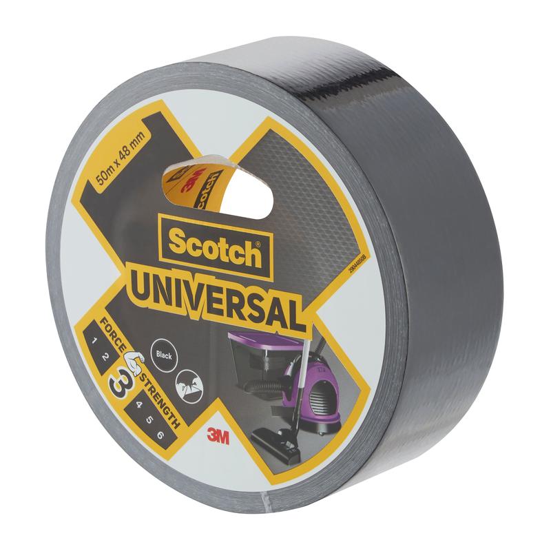 Eine Rolle Scotch® Universal Klebeband 2904 (50 m x 48 mm) der 3M Deutschland GmbH, mit schwarzem Klebeband auf der Rolle und einer gelb-schwarzen Verpackung mit einem Ausschnitt, der die Textur des Klebebandes zeigt.